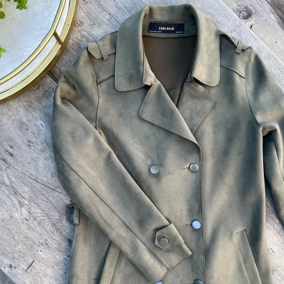 Zara Basic full length faux suede army green button up collared trench coat - Picture 12 of 15